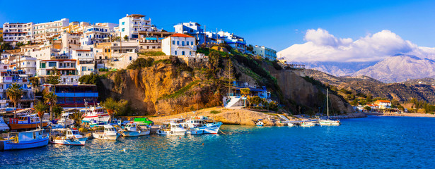 Crete island, scenic traditional fishing village Agia galini, popular tourist place in south. Greece - obrazy, fototapety, plakaty