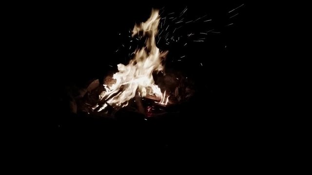 A campfire burns brightly at night.