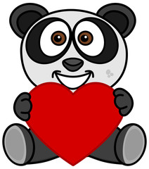a smiling panda happy to have received a heart as a gift