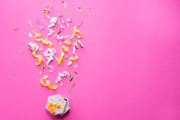 Celebration,party backgrounds concepts ideas with colorful confetti,streamers on white.Flat lay design. copy space