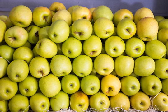 Picture of fresh apples on counter in  food market, nobody