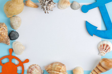 Blank for text with sea, summer accessories on a bright blue background. top view.
