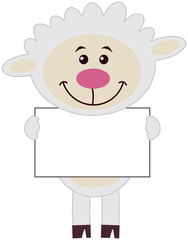 a white sheep standing with a billboard