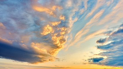 Naklejka na ściany i meble sunset sky panorama background with natural color of sunrise landscape nature scenic summer evening sun light and beautiful clouds wide aerial panoramic view