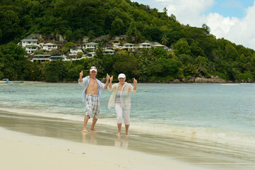 Fototapeta na wymiar Portrait of elderly couple at tropical beach