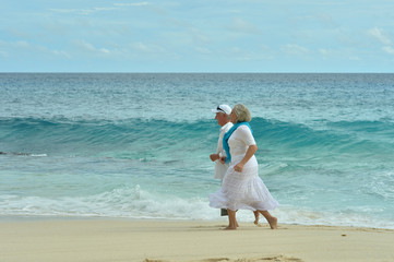 Portrait of happy elderly couple running on tropical beach