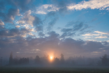 Sunset Over The Misty Field