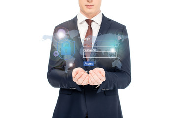cropped view of businessman in suit with outstretched hands and internet security illustration above