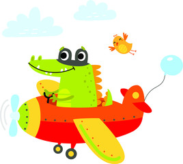 Fototapeta na wymiar Crocodile flies on the plane. Cute illustration for children