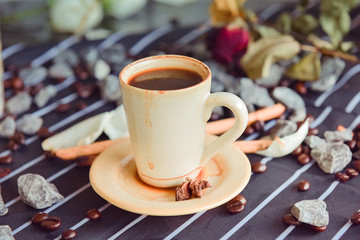Espresso cup on the background of coffee machines, black coffee morning on coffee maker