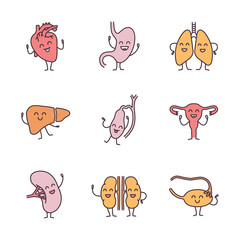 Smiling human internal organs characters color icons set