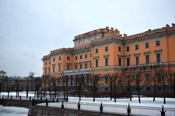 Saint Petersburg, Russia - March 16 2019: The exterior of Saint Michael's Castle against the cloudy...