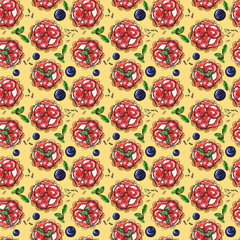 Sweet dessert, cupcake, creme brulee with fresh berries, seamless pattern, hand drawn watercolor on yellow