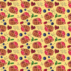 Sweet dessert, Belgian Waffles with fresh berries,  seamless pattern, hand drawn watercolor on yellow