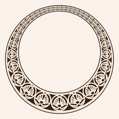Vector circular ornament in modern style. Brown drawing isolated on beige background.