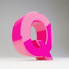 Giant 3D letter Q uppercase. Rendered glossy pink font isolated on white background.