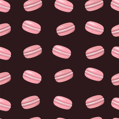 Macaroon pattern. Sweet dessert cookies. Macaron pink texture. Dark background