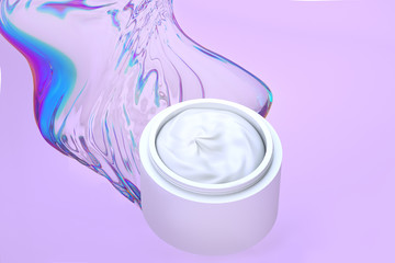 Cream jar packaging with abstract pastel pink background. 3d llustration. Mock up for design.