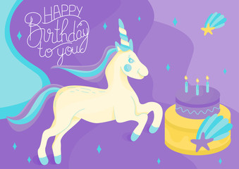 Colorful and original birthday greetings with cute unicorn and yummy cake. Posrcard for birthday; anniversary; party invitations; scrapbooking. Vector illustration