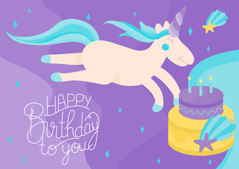 Colorful and original birthday greetings with cute unicorn and yummy cake.  Postcard for birthday; anniversary; party invitations; scrapbooking. Vector illustration