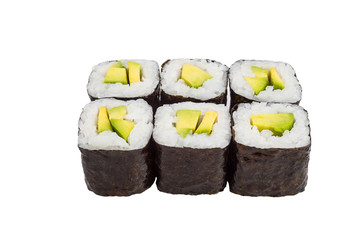 Classical vegan roll sushi with avocado isolated on white background for menu. Japanese food