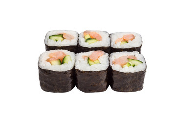 Classical roll sushi with shrimp and cucumber isolated on white background for menu. Japanese food