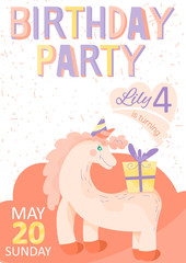Kids birthday party invitation card with cute cartoon unicorn and gift