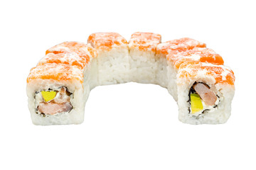 Philadelphia roll sushi with salmon, avocado, cream cheese, shrimp isolated on white background for menu. Japanese food