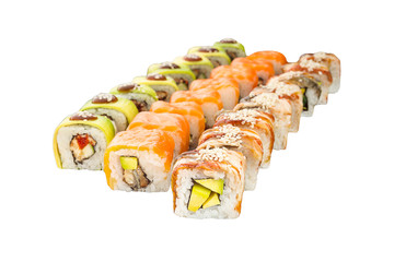 Various kinds of tasty sushi roll  isolated on white background for menu. Japanese food