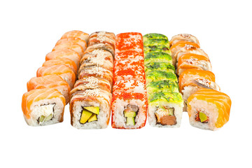 Various kinds of tasty sushi roll  isolated on white background for menu. Japanese food