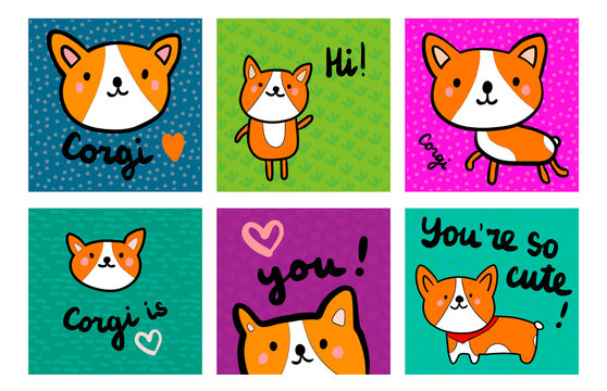 Corgi set hand drawn illustrations with dogs in cartoon style