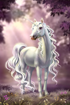 unicorn in full growth, against the background of the evening forest