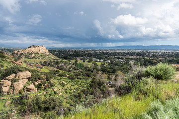 Scenic view of spring storm clouds, Stoney Point Park and the San Fernando Valley near Topanga Canyon Blvd, Porter Ranch and Chatsworth in the City of Los Angeles, California.