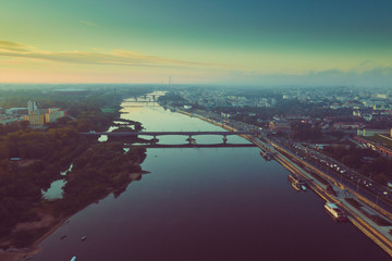 Morning colours sunny day in Warsaw city with vistula river