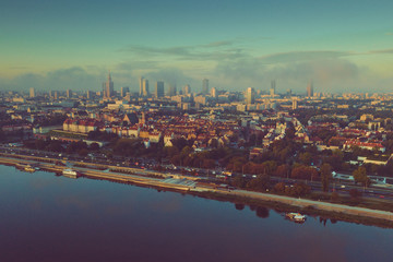 Morning sunny day in Warsaw city with skylines scrapers and colours