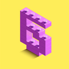 3d isometric pink number Six from brick on yellow background. 3d number from building bricks. Realistic number