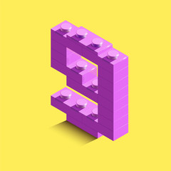 3d isometric pink number Nine from brick on yellow background. 3d number from building bricks. Realistic number