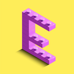 Realistic pink 3d isometric letter E of the alphabet from constructor bricks. Pink 3d isometric plastic letter from the   building blocks.3d letters