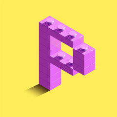 Realistic pink 3d isometric letter P of the alphabet from constructor bricks. Pink 3d isometric plastic letter from the   building blocks.3d letters