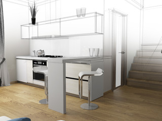 modern domestic Kitchen, stylish interior design, 3 d rendering image