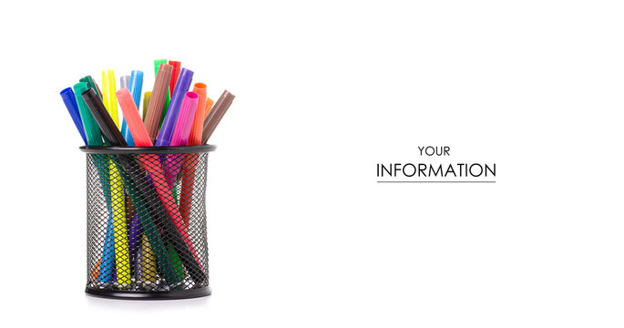 Stand for pencils colour pencils markers pattern on white background isolation