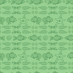 Cute fishes, starfishes in dresses, and seashells green nautical vector seamless pattern background. Marine style print in horizontal lines for kids apparel, wallpaper, gift wrapping paper, textile.