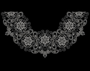 Obraz na płótnie Canvas Neckline design. Black and white floral lace pattern. Vector print with paisley and decorative elements for embroidery, for women's clothing.