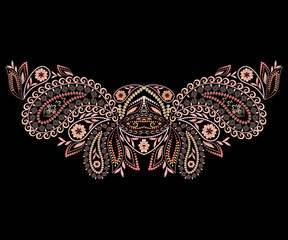 Neckline ethnic design. Floral pattern. Vector print with paisley and decorative elements for embroidery, for women's clothing.