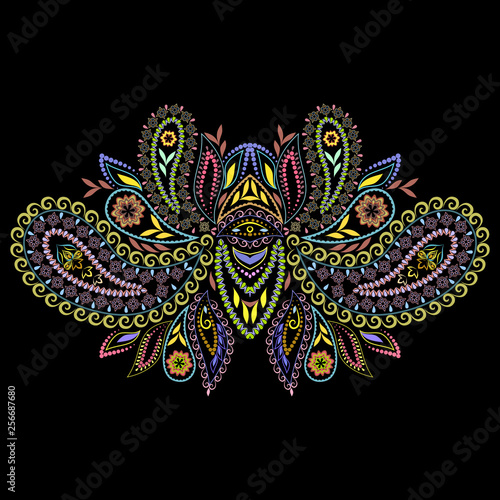 Neckline ethnic design. Floral pattern. Vector print with paisley and decorative elements for embroidery, for women's clothing.