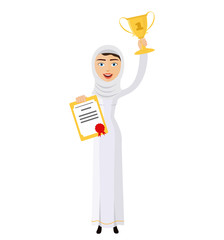 Happy arab flat woman raising up trophy cup and certificate winner success vector isolated on white background eps 10
