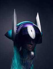 Closeup of female mannequin in modern headwear with digital screen, dark grey studio background
