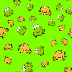 Obraz premium Chickens and frogs seamless pattern in cartoon style