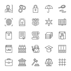 Set of Law and Justice Line Icons. Criminal, Handcuffs, Libra, Police and more.