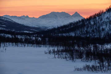 Colourful Winter Sunset over Mountains and forest on Senja, Norway